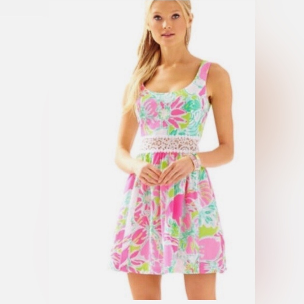Lilly Pulitzer Rosemarie Don’t give a Cluck Floral Dress w/ Lace Detail